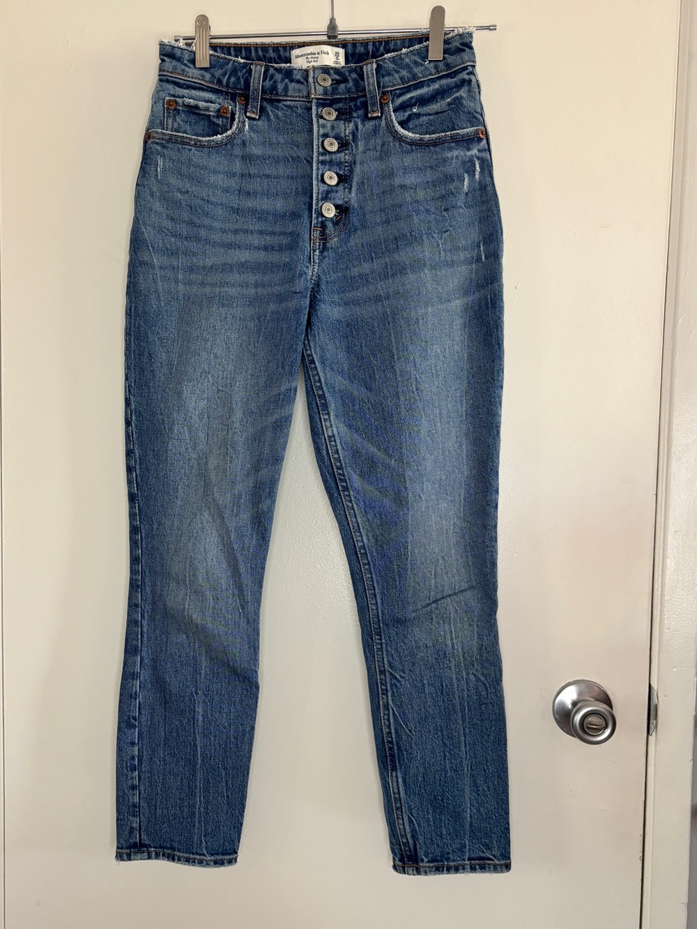 Abercrombie and Fitch Skinny High Rise Button Fly Medium Wash Distressed Jeans